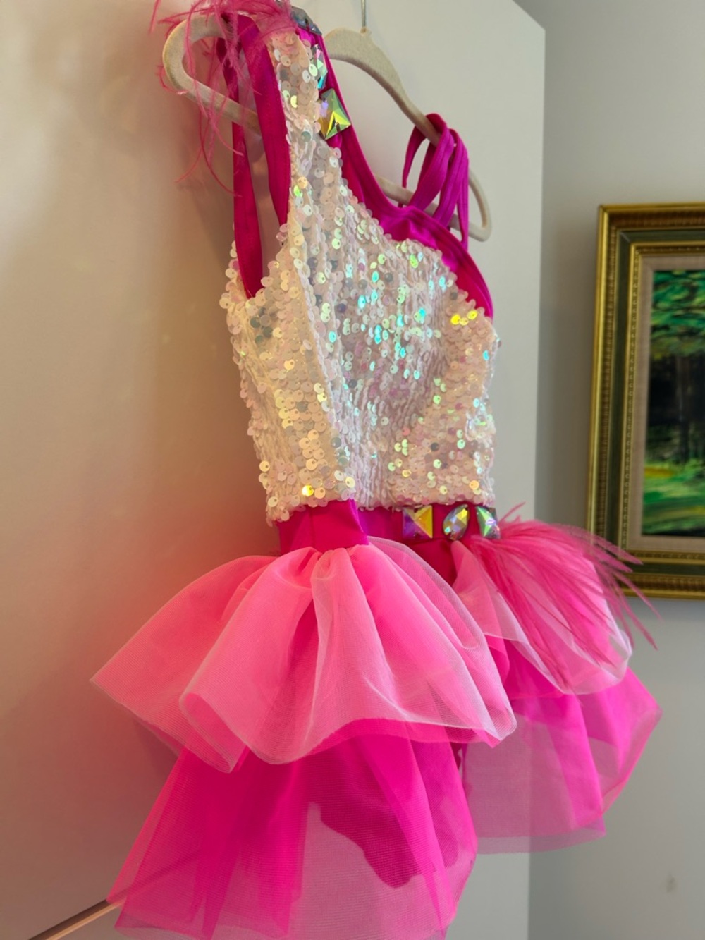 Weissman Hot Pink / White Sequin One-Shoulder Tutu Dance Costume - SC (6/6X) - Picture 5 of 12